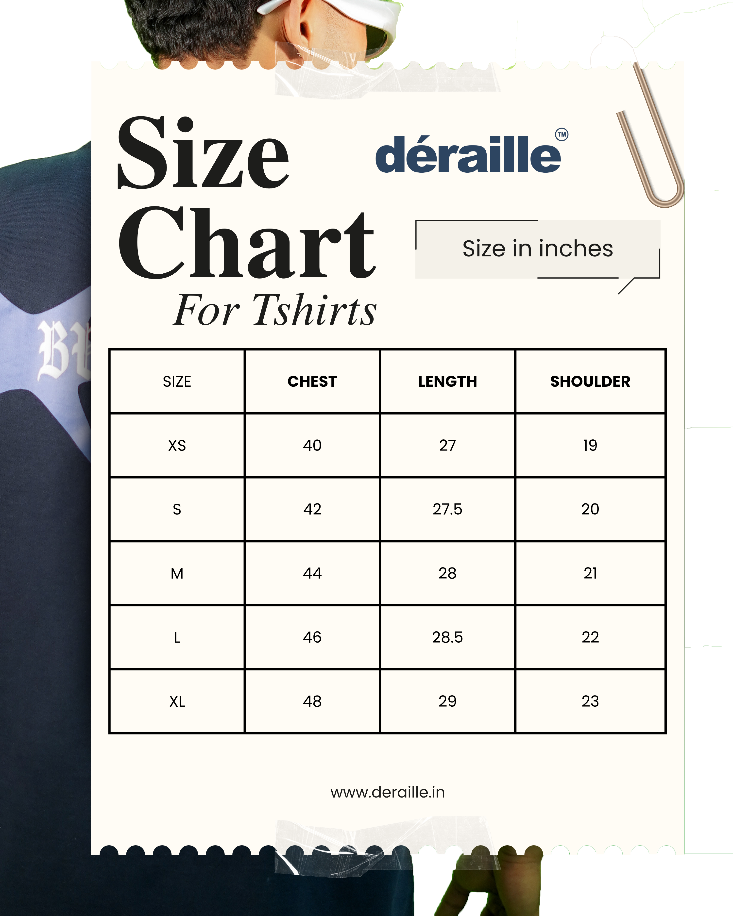 Size chart for t-shirts with a person wearing a black t-shirt and sunglasses.