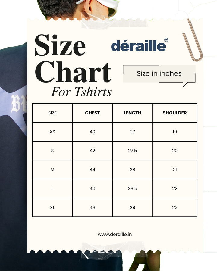 Size chart for t-shirts with a person wearing a black t-shirt and sunglasses.